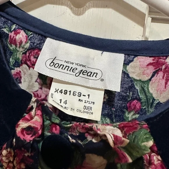Vtg Bonnie Jean Girls Floral Prairie Dress Puff Sleeve Velvet Cottagecore Sz 14